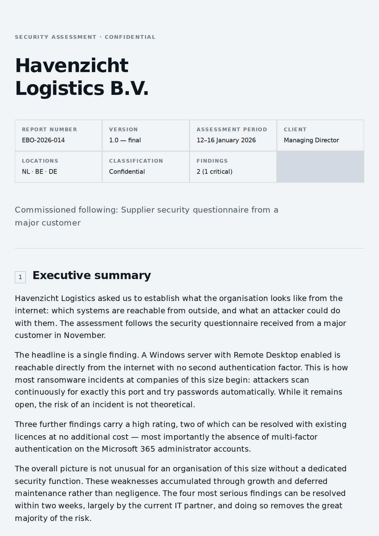 Sample report cover and executive summary